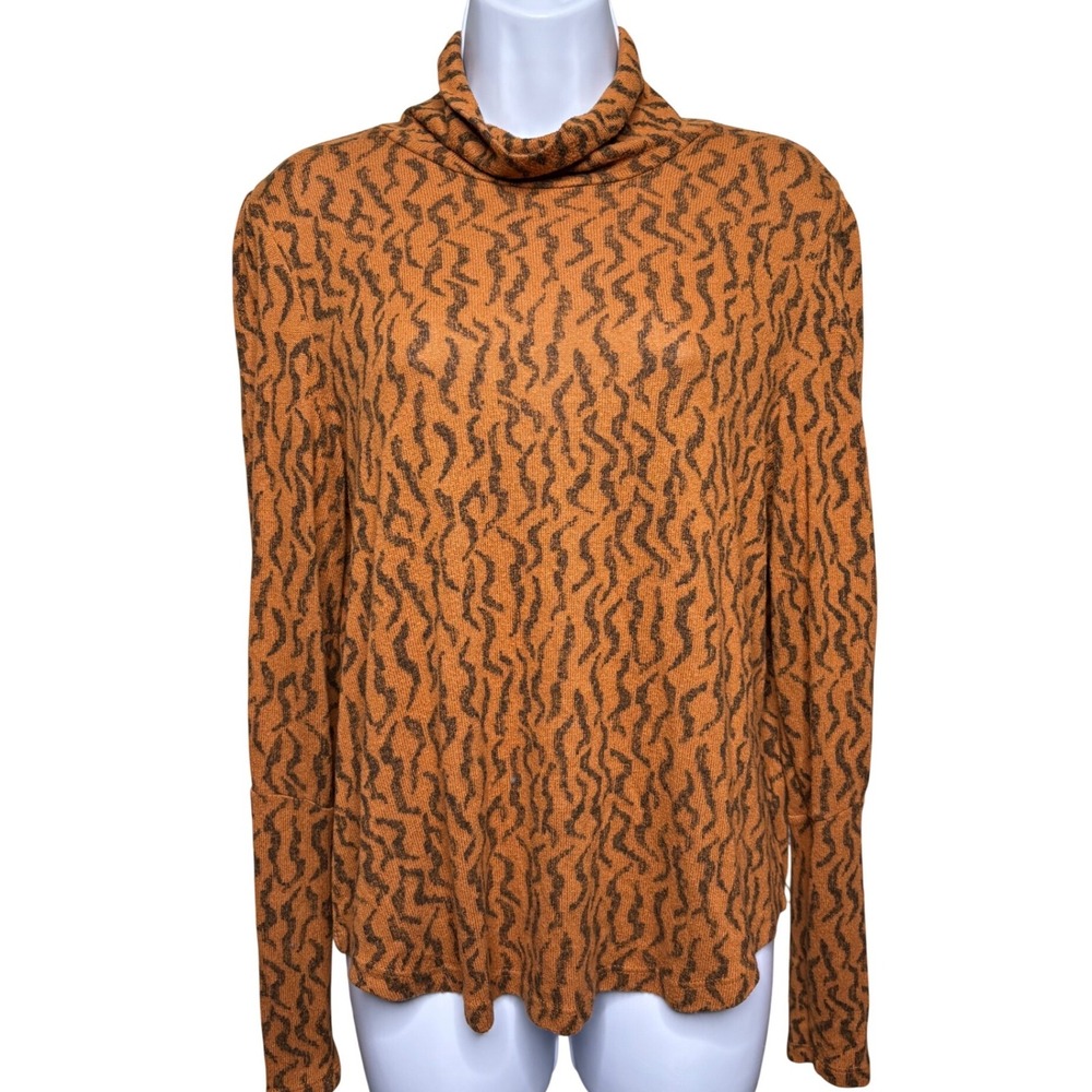 ANTHROPOLOGIE Womens Rust Orange Animal Print Cowl Neck Top Sz L Earthy Layering